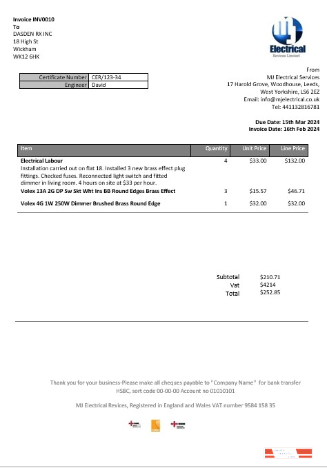 United Kingdom MJ Electrical proof of address business utility bill template in Word and PDF formats
